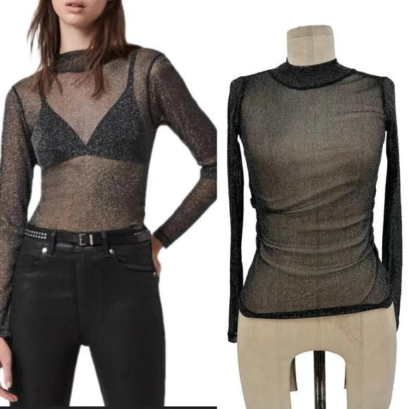 AllSaints Francesco Metallic T-Shirt Top Sheer‎ Long Sleeve Black Silver Size 00 - Picture 1 of 10
